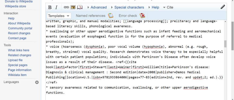 Screenshot of one of the references I added in wiki mark-up.